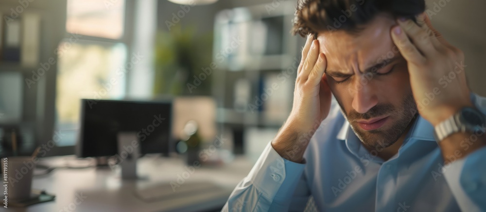 Migraine of stressful job. Depressed man employee sitting in office, clasping head temples, suffering headache and tension, worried about problems at work. studio shot isolated on white background Migraine of stressful job. Depressed man employee sitting in office, clasping head temples, suffering headache and tension, worried about problems at work. studio shot isolated on white background
