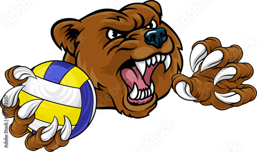 A grizzly bear volleyball animal sports mascot holding a volley ball in his claw