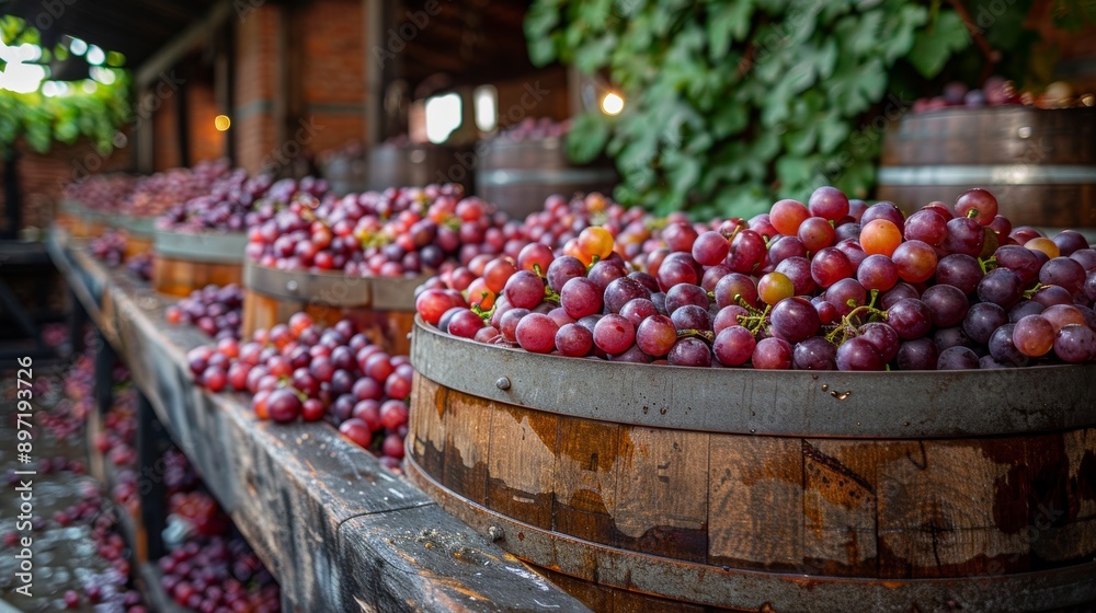 A vibrant market scene featuring large baskets overflowing with ripe purple grapes, displayed in a rustic wooden setting, evoking the essence of harvest. A vibrant market scene featuring large baskets overflowing with ripe purple grapes, displayed in a rustic wooden setting, evoking the essence of harvest.