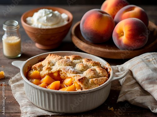 Peach Cobbler: The steps to create a classic peach cobbler, focus on the preparation of the peach filling and the biscuit topping. photo