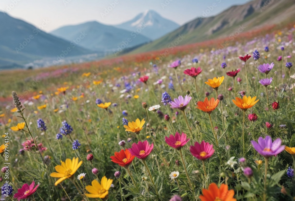 Macro shot of colorful wildflowers blooming in a field with a blurred mountain background. Macro shot of colorful wildflowers blooming in a field with a blurred mountain background.