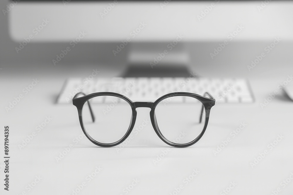 Black eyeglasses sit on a desk in front of a computer monitor and keyboard. Generative AI Black eyeglasses sit on a desk in front of a computer monitor and keyboard. Generative AI