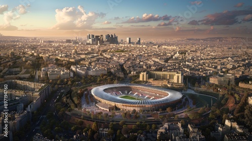 Aerial view of the Paris 2024 Olympic stadium, showcasing its architecture against the cityscape.
