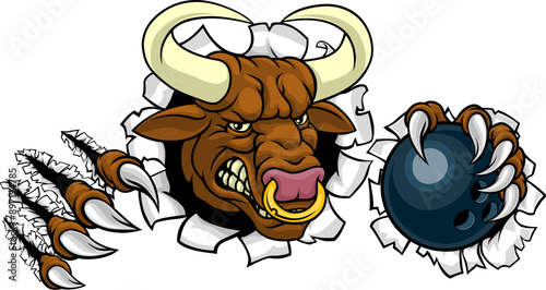 A bull or Minotaur monster longhorn cow angry mean ten pin bowing mascot cartoon.