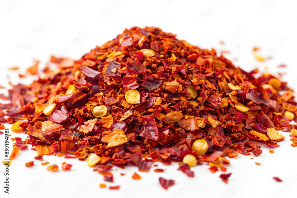 A pile of vibrant red and yellow chili flakes on a white background A pile of vibrant red and yellow chili flakes on a white background