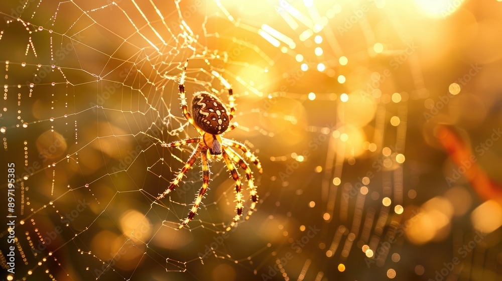 An orb-weaver spider spinning its web in the early morning light. An orb-weaver spider spinning its web in the early morning light.
