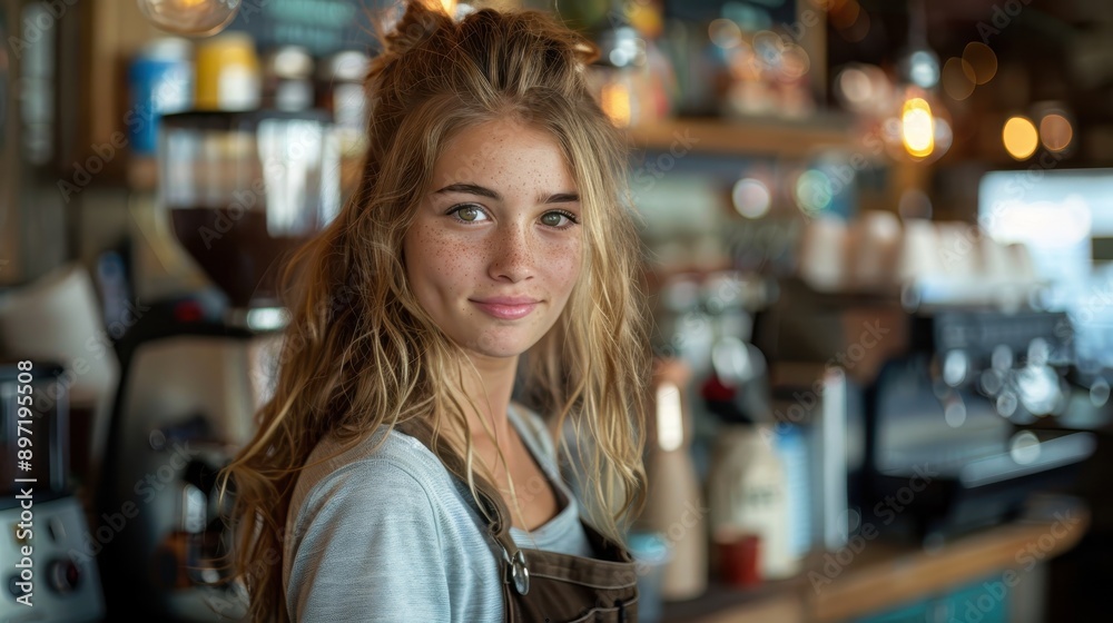 A young barista with freckles wearing an apron smiles warmly at the camera, standing in a bustling coffee shop with various coffee equipment in the background. A young barista with freckles wearing an apron smiles warmly at the camera, standing in a bustling coffee shop with various coffee equipment in the background.