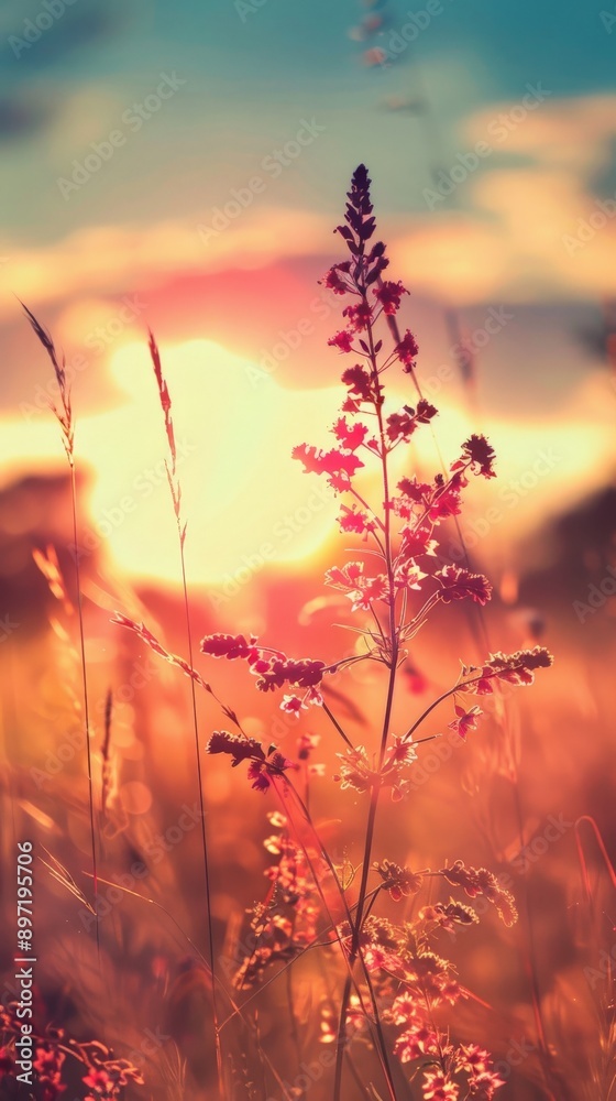 Delicate wildflowers sway gently in the warm glow of the setting sun Delicate wildflowers sway gently in the warm glow of the setting sun