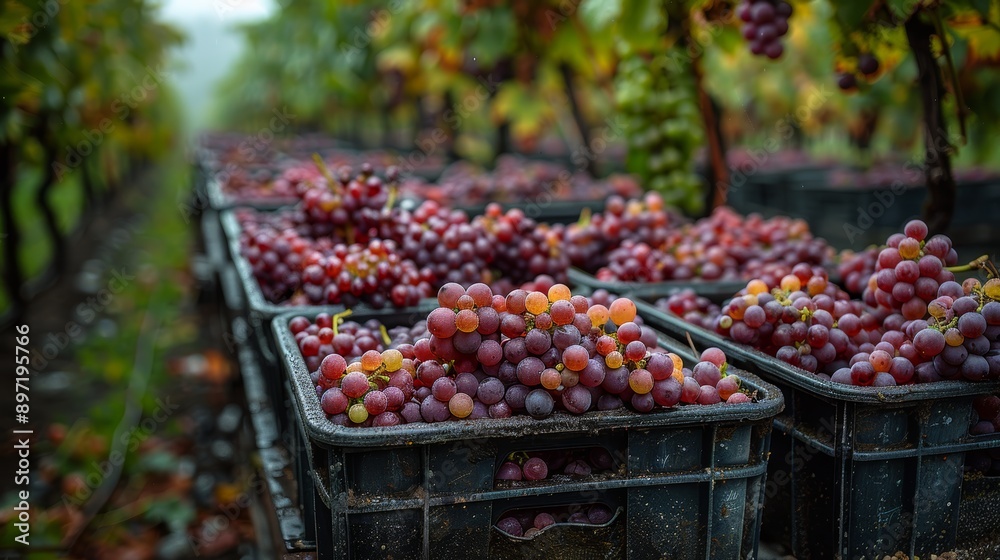Rows of freshly harvested grapes in black bins at a vineyard, ready for production. The grapes are rich in color and capture the essence of harvest season. Rows of freshly harvested grapes in black bins at a vineyard, ready for production. The grapes are rich in color and capture the essence of harvest season.