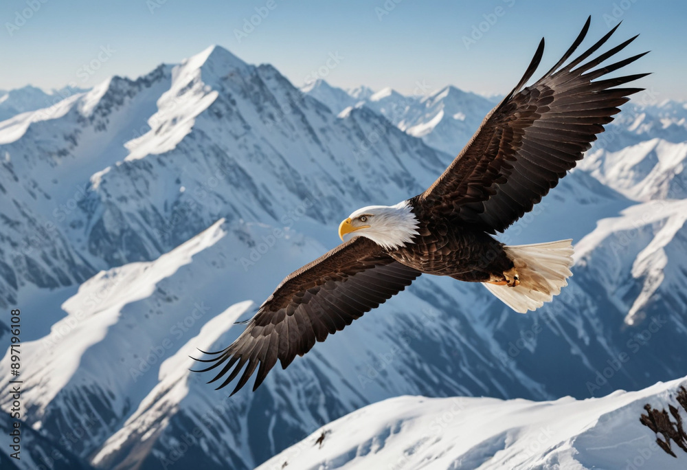 A majestic bald eagle soaring above a snow-capped mountain range. A majestic bald eagle soaring above a snow-capped mountain range.