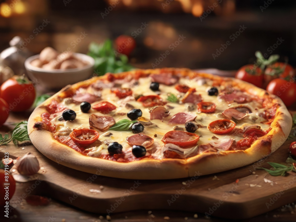 Bright and appetizing pizza with a variety of toppings, making you want to try and enjoy the taste Bright and appetizing pizza with a variety of toppings, making you want to try and enjoy the taste