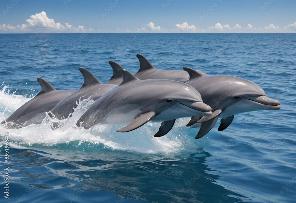Fototapeta premium A playful pod of dolphins swimming alongside a boat in a crystal-clear ocean. 