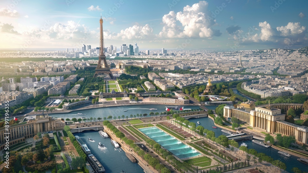 Artistic rendering of the Paris 2024 Olympic venues integrated with famous Parisian landmarks.