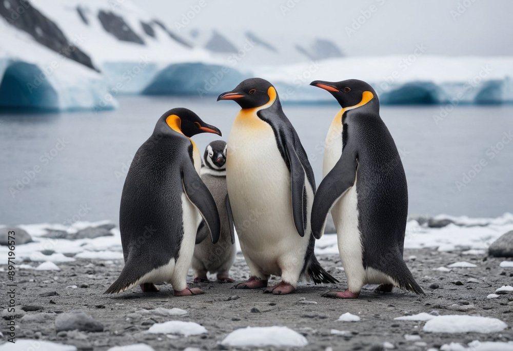 Fototapeta premium A group of penguins huddled together on a snowy Antarctic landscape. 