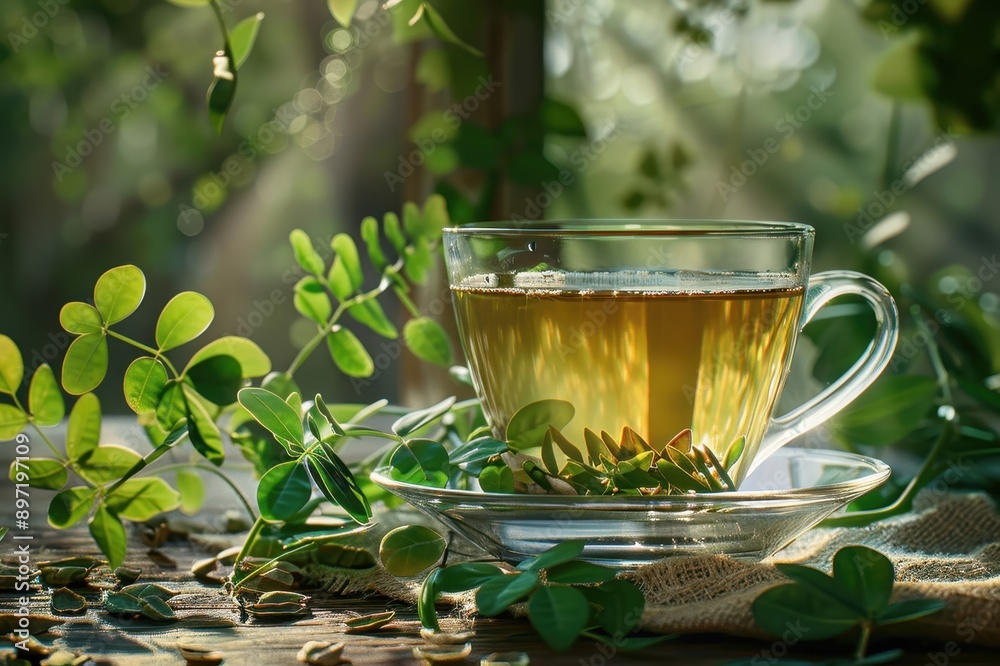 A Glass of Tea Surrounded by Green Leaves A Glass of Tea Surrounded by Green Leaves