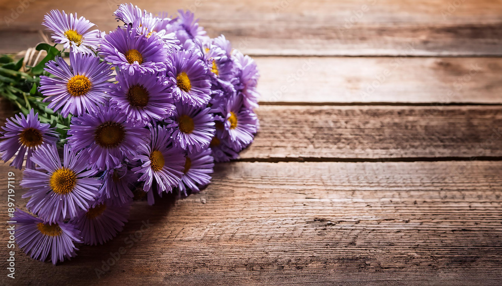 Bouquet of Purple lilac daisies on corner of vintage wooden table Bouquet of Purple lilac daisies on corner of vintage wooden table