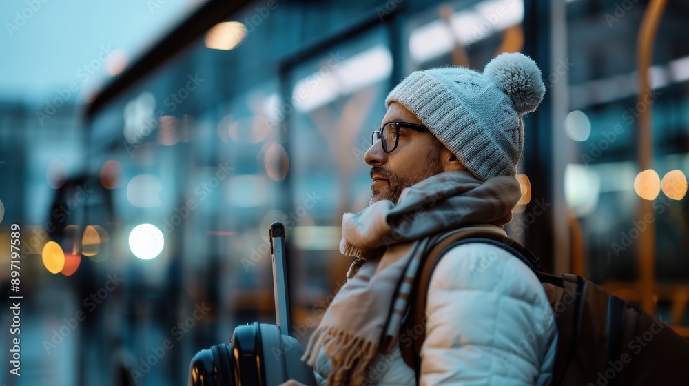 A traveler dressed in a warm knitted hat, scarf, and jacket, with a suitcase, is seen waiting outside the bus, likely preparing for a journey in a cold environment. A traveler dressed in a warm knitted hat, scarf, and jacket, with a suitcase, is seen waiting outside the bus, likely preparing for a journey in a cold environment.