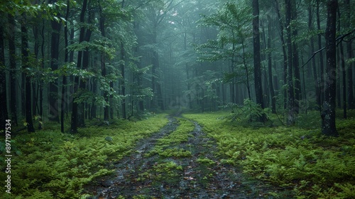 Fototapeta Naklejka Na Ścianę i Meble -  A misty forest trail leads into the dense, green woods, providing a tranquil and mysterious atmosphere perfect for outdoor exploration and adventure.