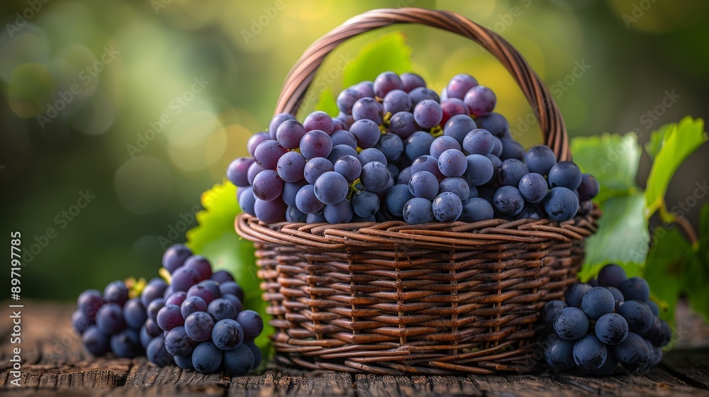 A basket filled with fresh grapes sits on a rustic wooden table, surrounded by grape vines, depicting a bountiful and natural scene. A basket filled with fresh grapes sits on a rustic wooden table, surrounded by grape vines, depicting a bountiful and natural scene.