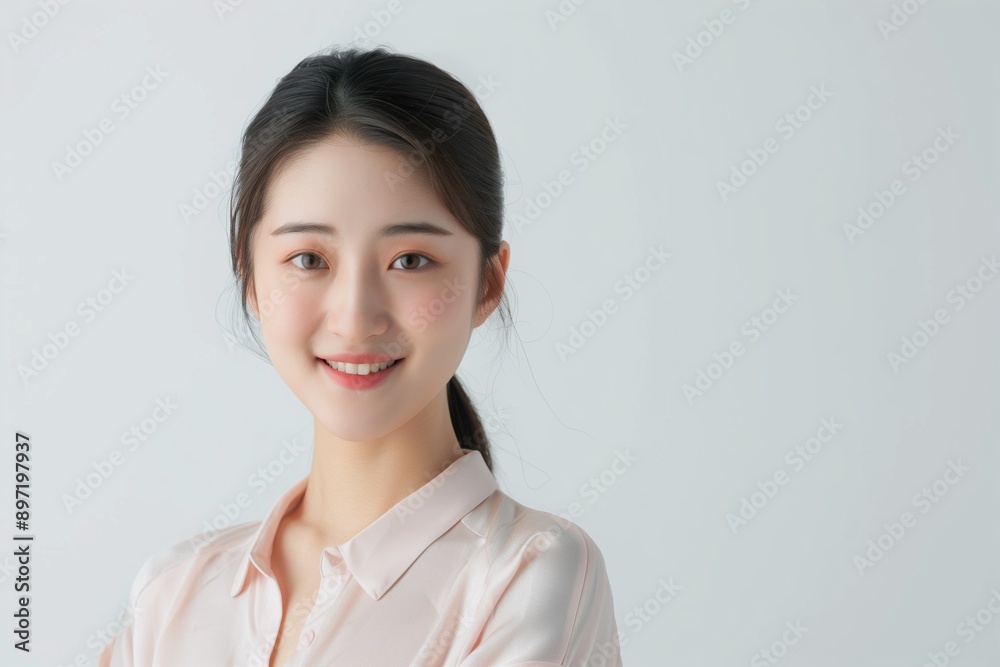 Smiling chinese woman in a pink shirt against a white background Smiling chinese woman in a pink shirt against a white background