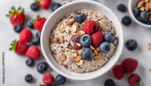 A bowl of overnight oats topped with fresh berries, chia seeds, and almond butter on a white background

