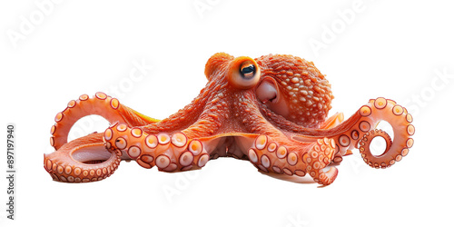 A large orange octopus with white spots is laying on its back