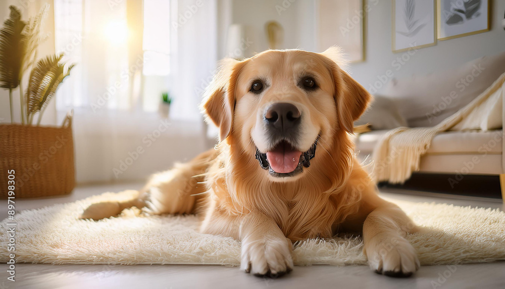 A happy and content Golden Retriever lies on a plush white carpet in a sunlit living room A happy and content Golden Retriever lies on a plush white carpet in a sunlit living room