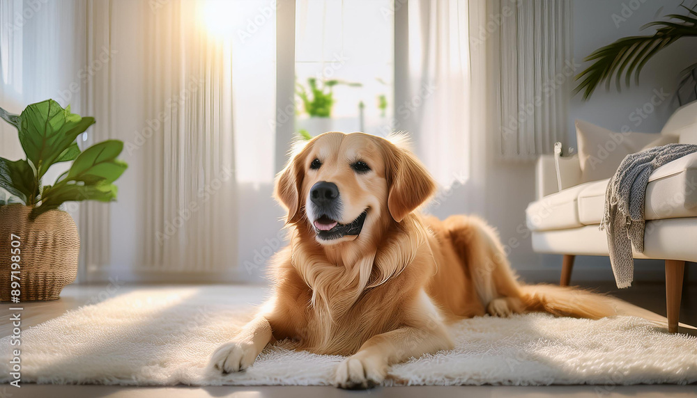 A happy and content Golden Retriever lies on a plush white carpet in a sunlit living room A happy and content Golden Retriever lies on a plush white carpet in a sunlit living room