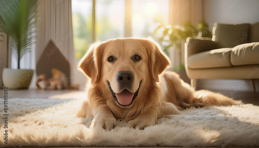 A happy and content Golden Retriever lies on a plush white carpet in a sunlit living room A happy and content Golden Retriever lies on a plush white carpet in a sunlit living room