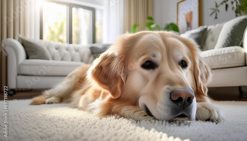 Wallpaper Mural A happy and content Golden Retriever lies on a plush white carpet in a sunlit living room Torontodigital.ca
