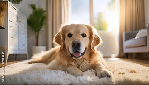 A happy and content Golden Retriever lies on a plush white carpet in a sunlit living room