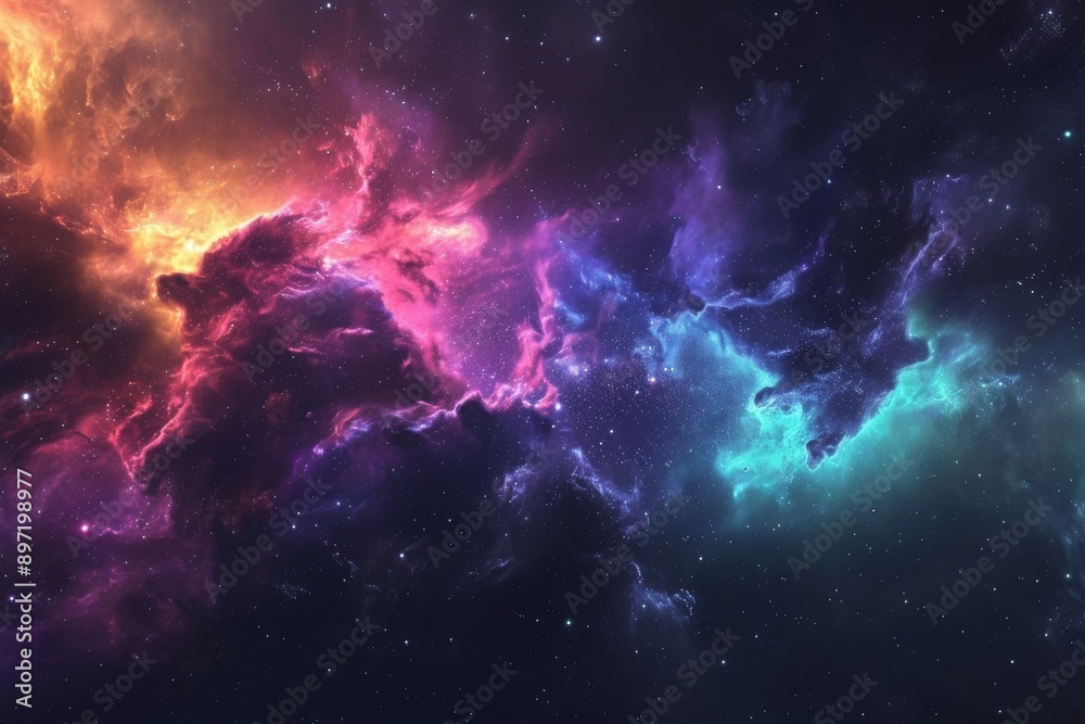 This photo captures a vibrant space with an abundance of stars and clouds, creating a visually striking scene, Ethereal depiction of nebula in cool color gradient, AI Generated This photo captures a vibrant space with an abundance of stars and clouds, creating a visually striking scene, Ethereal depiction of nebula in cool color gradient, AI Generated
