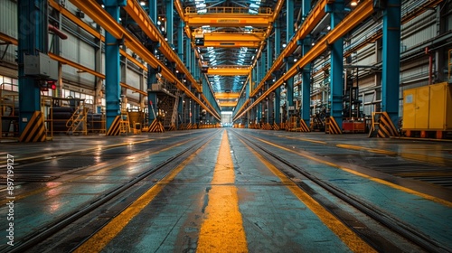 Industrial Factory Interior With Yellow Lines and Overhead Cranes © jul_photolover