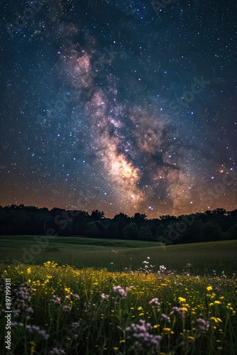 Night sky full of stars over a quiet meadow