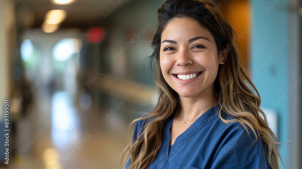 A smiling female healthcare worker stands in a hospital hallway. A smiling female healthcare worker stands in a hospital hallway.