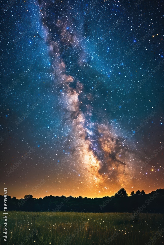 Night sky full of stars over a quiet meadow Night sky full of stars over a quiet meadow