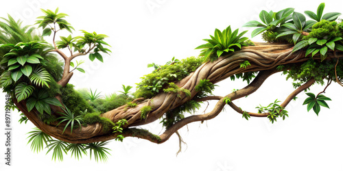 twisted jungle branch growing plants on a transparent background