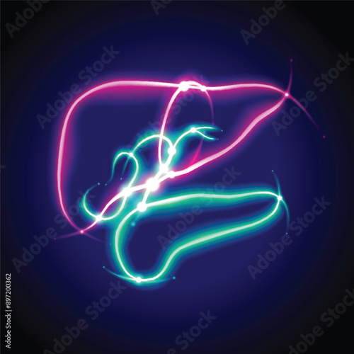The illustration of the human liver and pancreas is presented in a glowing neon green-red line style on a dark blue background.