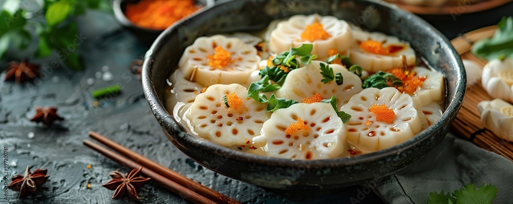 Delicious dumplings garnished with herbs in rustic bowl Delicious dumplings garnished with herbs in rustic bowl