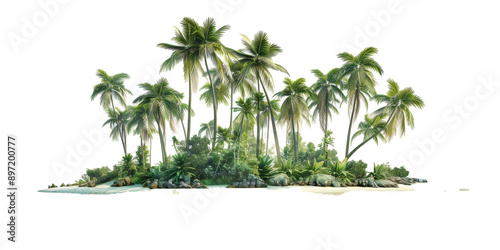 A tropical island with palm trees and a white background