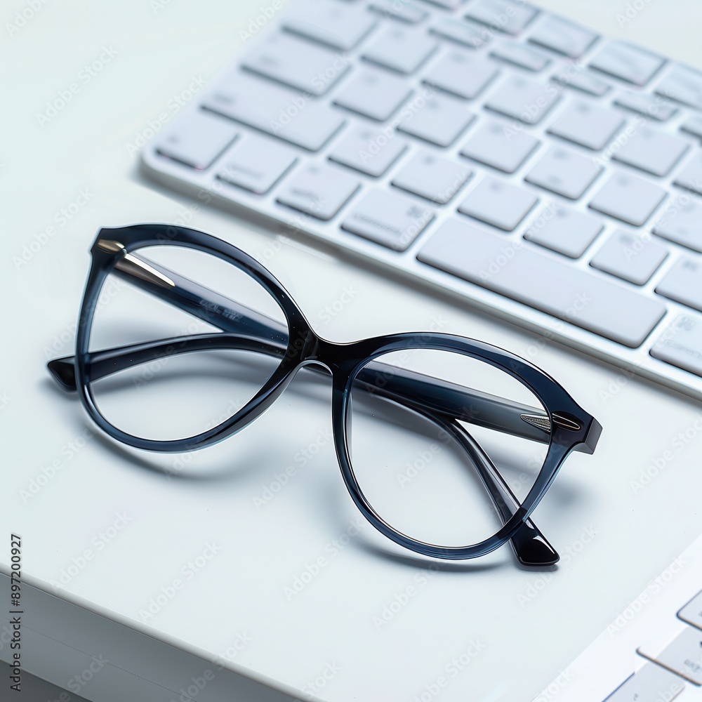 Blue-rimmed eyeglasses rest on a clean, white keyboard. Generative AI Blue-rimmed eyeglasses rest on a clean, white keyboard. Generative AI