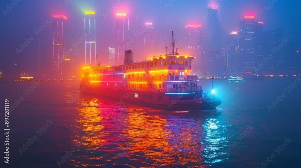 A colorful, neon-lit ferry cruising on a misty river against a backdrop of illuminated skyscrapers in the city, creating a vibrant, modern scene. A colorful, neon-lit ferry cruising on a misty river against a backdrop of illuminated skyscrapers in the city, creating a vibrant, modern scene.