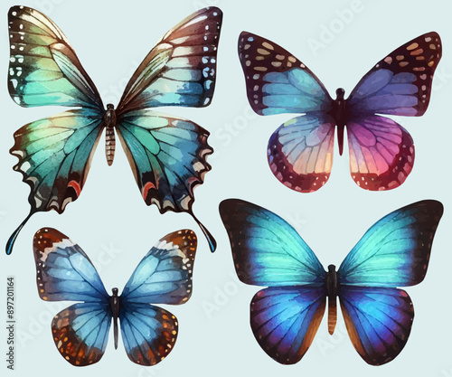 set with a variety of bright butterflies in a watercolor style