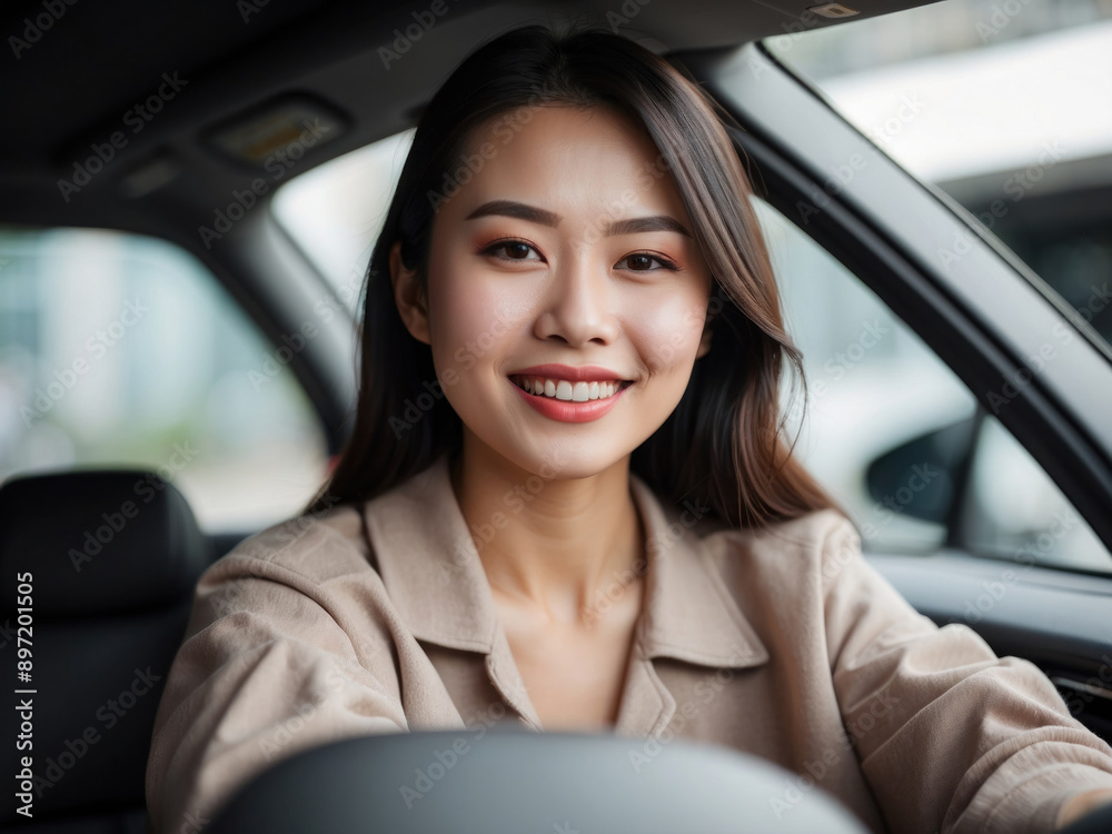 A beautiful girl driving a car, radiating confidence and style, against the background of a city street or a picturesque landscape A beautiful girl driving a car, radiating confidence and style, against the background of a city street or a picturesque landscape