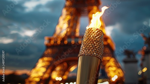 Close-up of the Paris 2024 Olympic torch, with the Eiffel Tower subtly in the background.