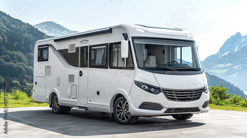 Modern motorhome parked in a scenic mountain landscape.