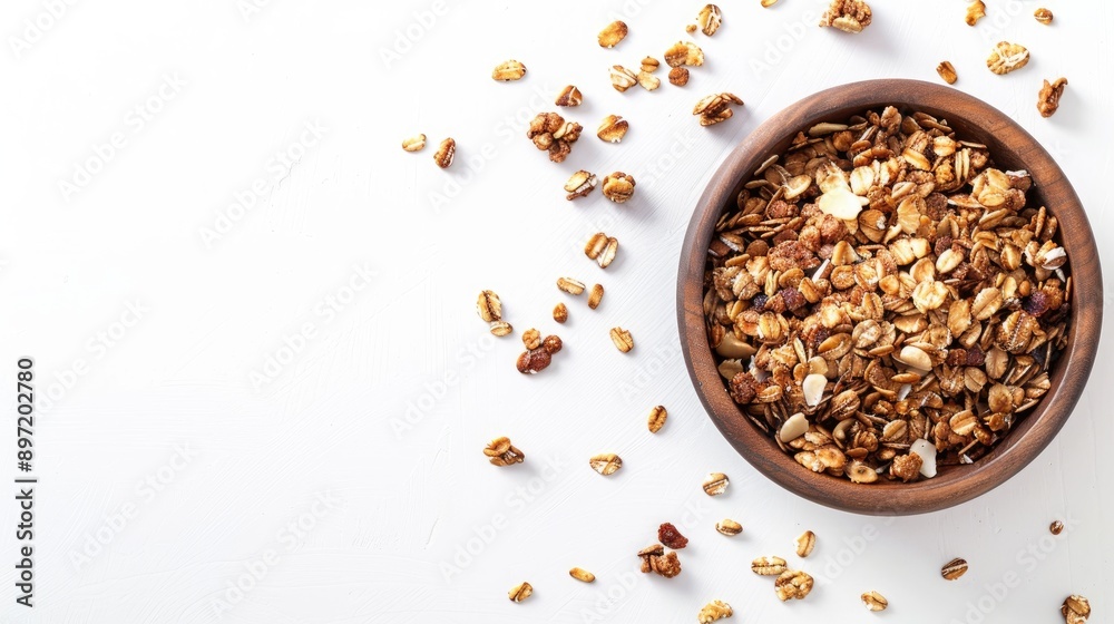 Granola breakfast concept on white background with empty space above Granola breakfast concept on white background with empty space above