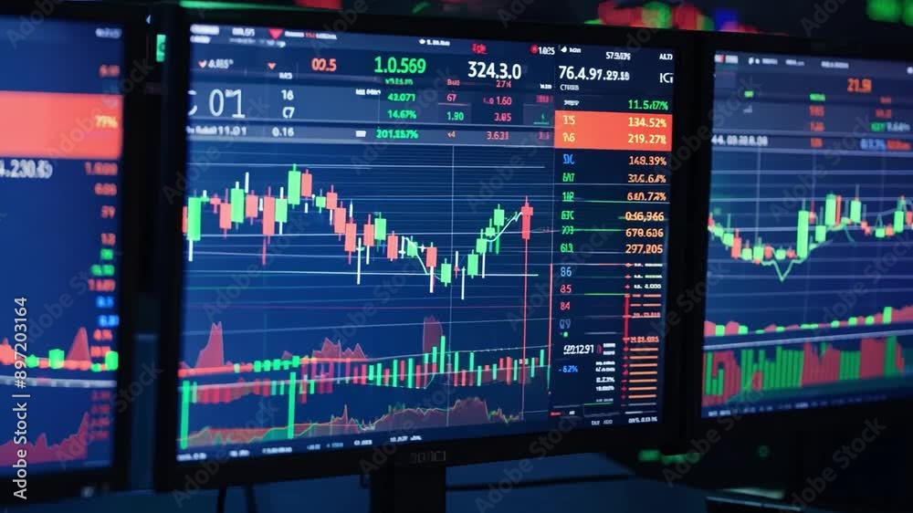 Close-up shot of a row of computer monitors displaying stock market charts and data, with a focus on a monitor in the foreground showcasing a candlestick chart. Close-up shot of a row of computer monitors displaying stock market charts and data, with a focus on a monitor in the foreground showcasing a candlestick chart.