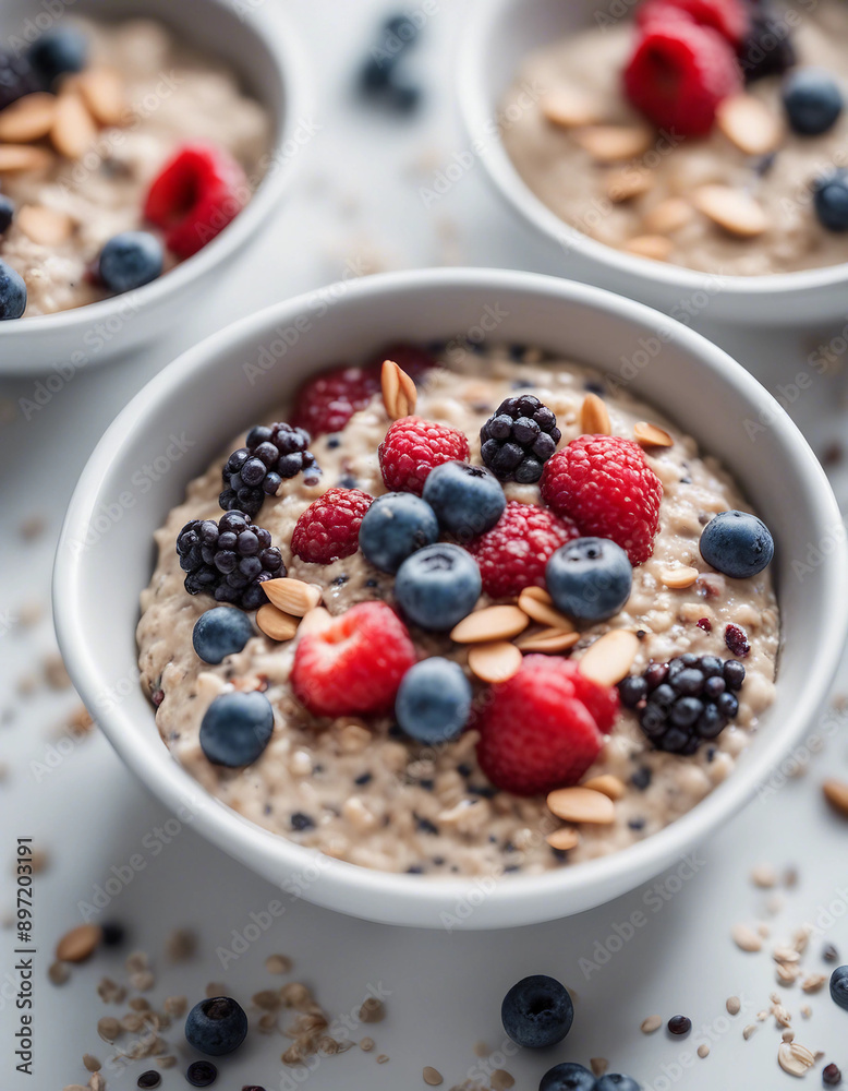 A bowl of overnight oats topped with fresh berries, chia seeds, and almond butter on a white background
A bowl of overnight oats topped with fresh berries, chia seeds, and almond butter on a white background