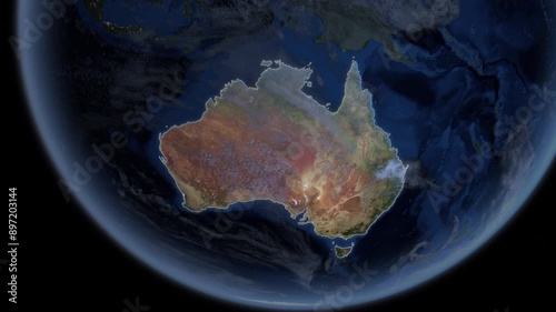 Map showing Australia from space to see the region from above. Detailed map Showing area, HD and 4K. Animation.